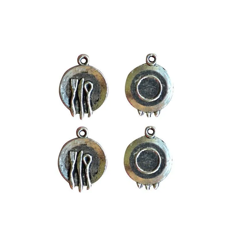 10 Pcs Tibetan Silver Dinner Plate With Cutlery 20X15mm 3D Charms Pendants