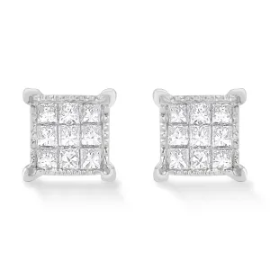 10K White Gold 1/3 Cttw Invisible Set Princess-Cut Diamond 18 Stone Composite Stud Earrings with Screwbacks