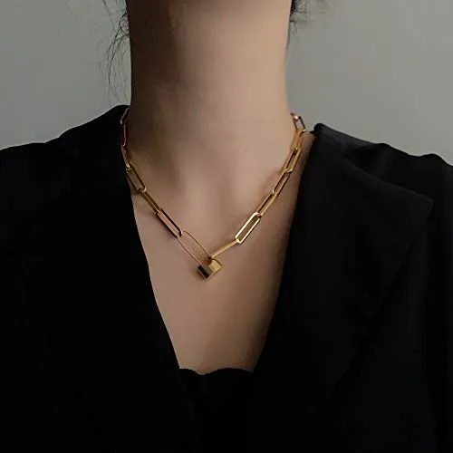 14K Gold Plated Vintage Distressed Chain Choker Gold Lock Pin Chain Necklace for Women Girl Gifts Valentines/Birthday/Anniversary/Mother’s Day