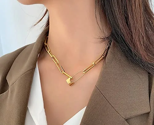 14K Gold Plated Vintage Distressed Chain Choker Gold Lock Pin Chain Necklace for Women Girl Gifts Valentines/Birthday/Anniversary/Mother’s Day