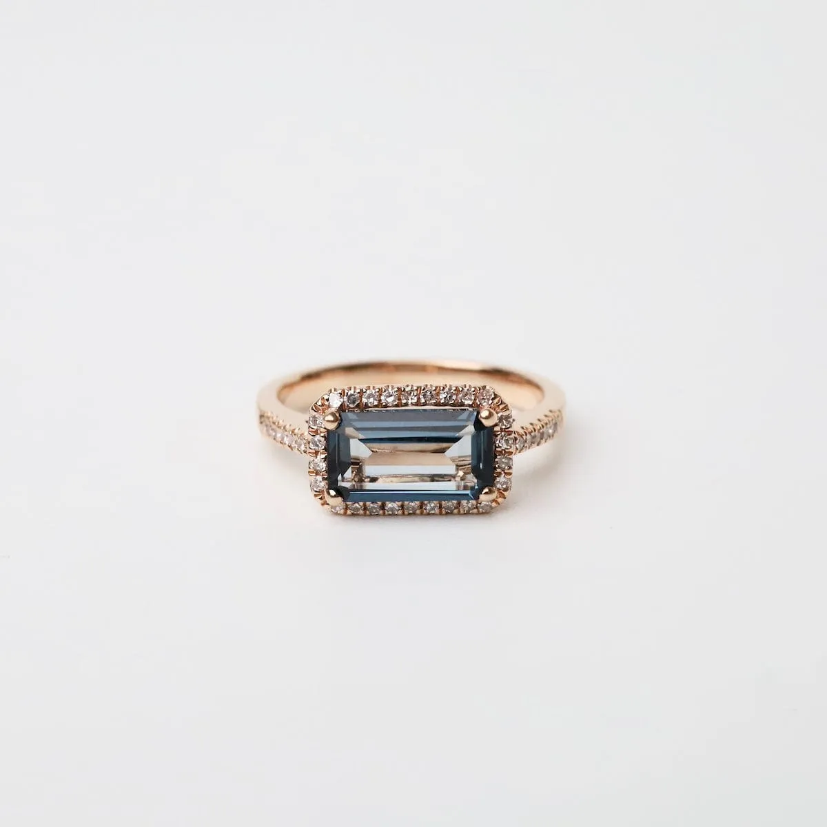 14k Rose Gold Rectangular London Blue Topaz Ring