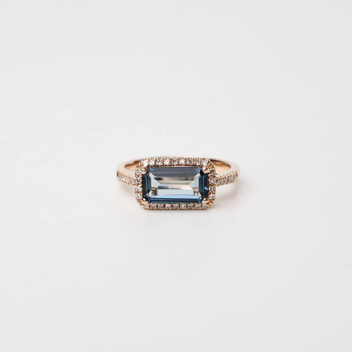 14k Rose Gold Rectangular London Blue Topaz Ring