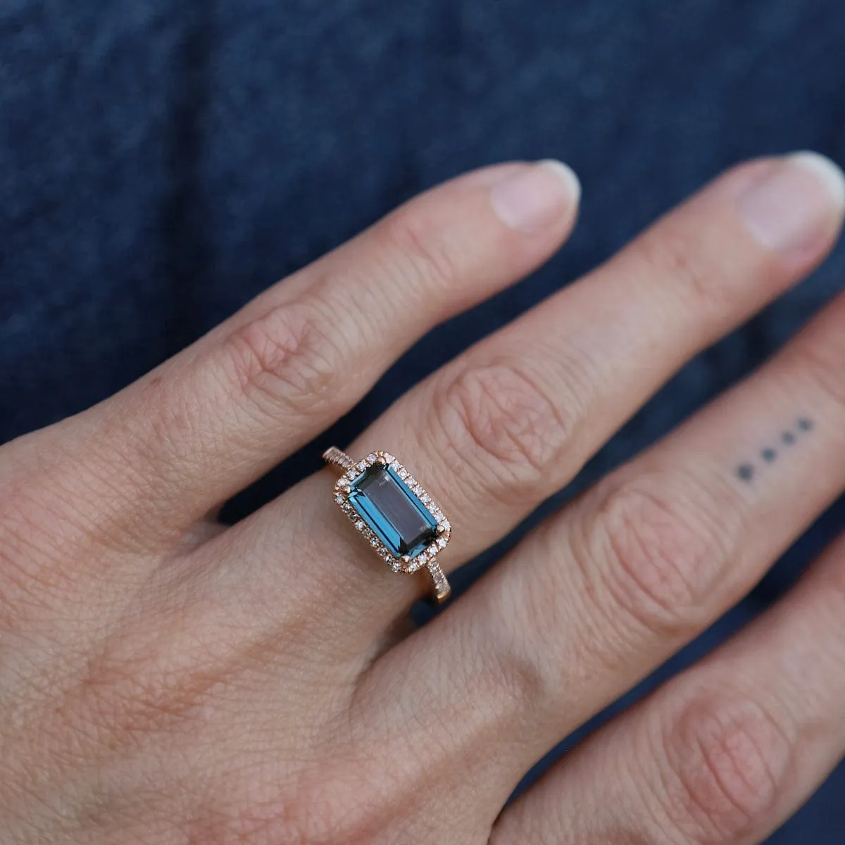 14k Rose Gold Rectangular London Blue Topaz Ring