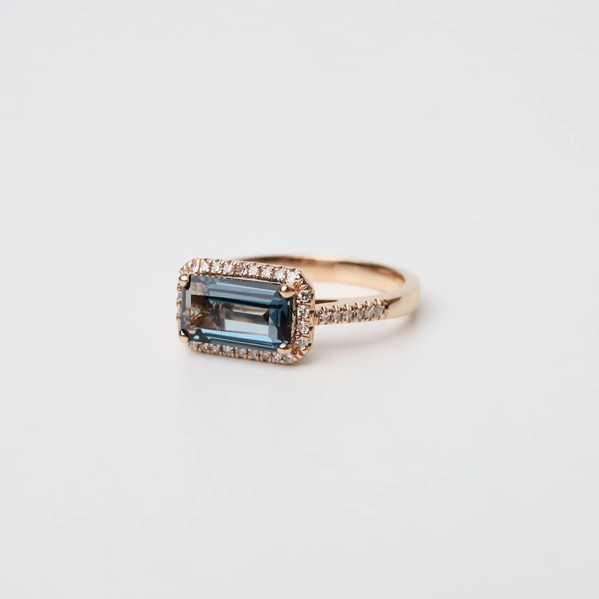 14k Rose Gold Rectangular London Blue Topaz Ring