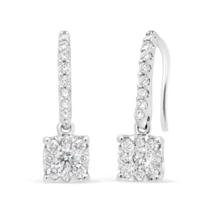 14K White 1/2 Cttw Round Diamond Halo Dangle Hook Earring - (H-I