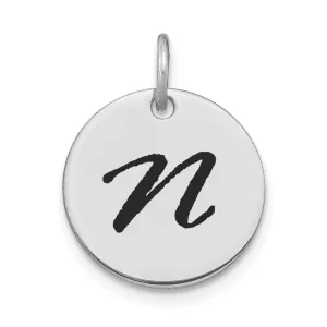 14k White Gold Polished Rhodium Black Epoxy Finish Letter N Initial Disk Shape Charm Pendant