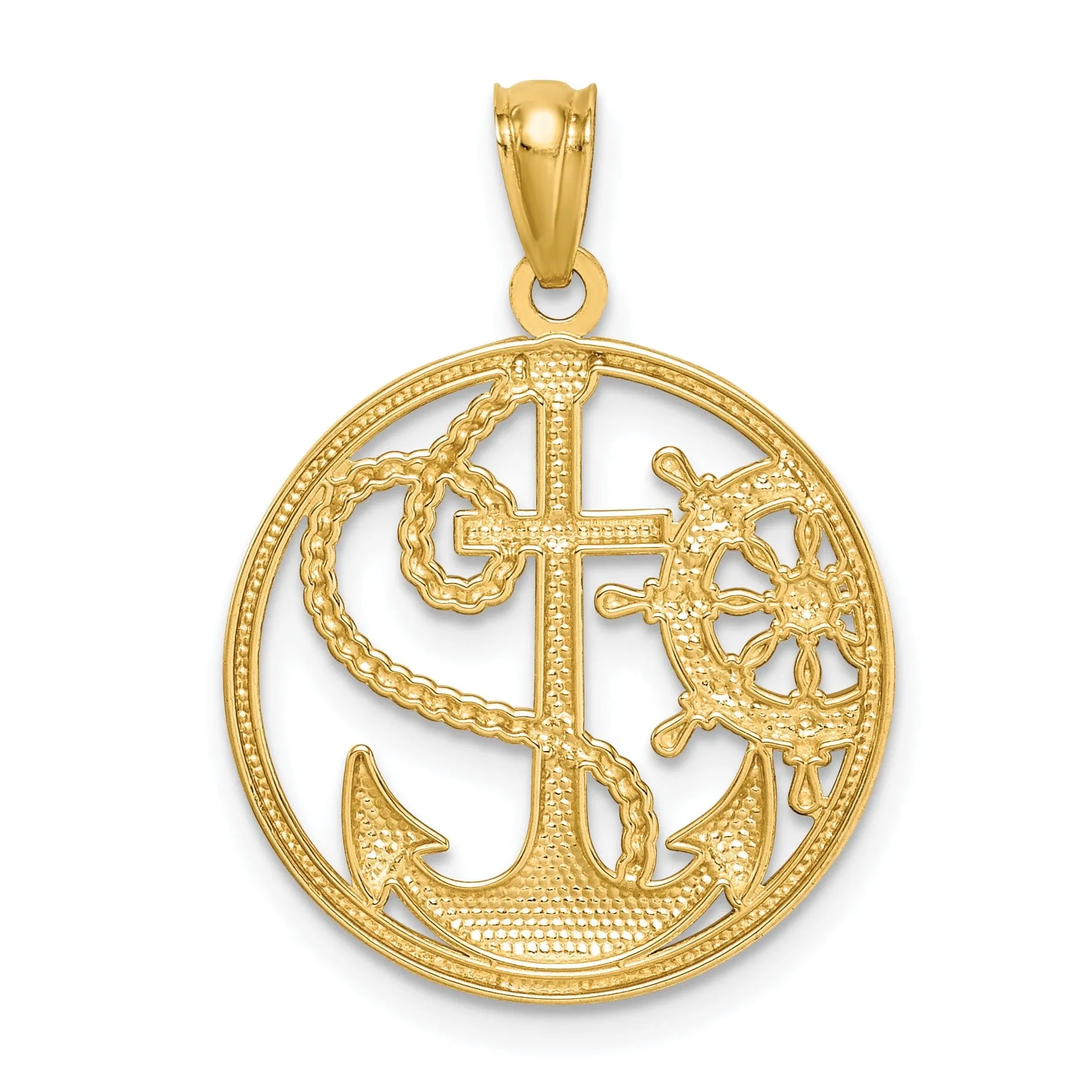 14K Yellow Gold Polish Finish Cross Anchor With Captain Wheel Pendant