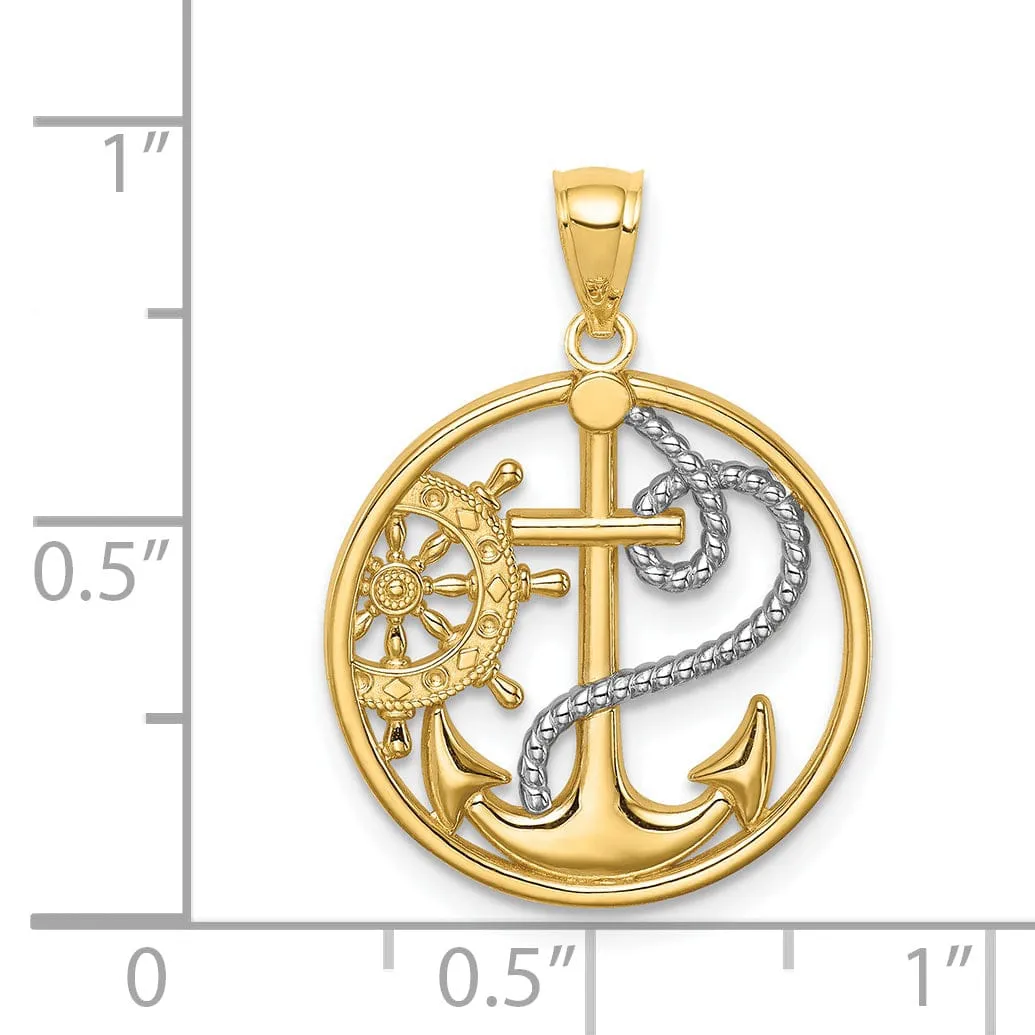 14K Yellow Gold Polish Finish Cross Anchor With Captain Wheel Pendant