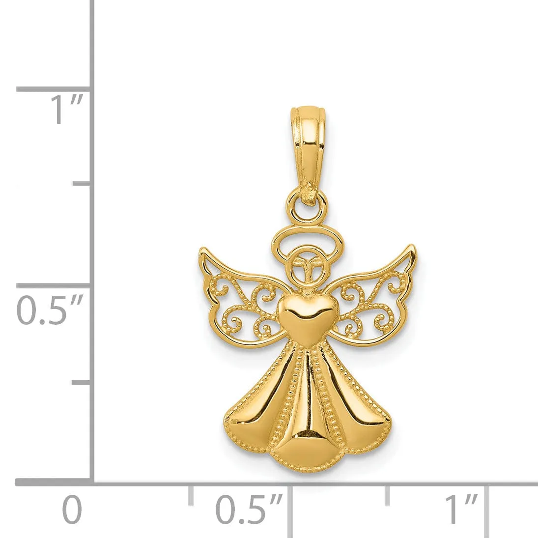 14K Yellow Gold Polished Concave Guardian Angel With Heart Pendant