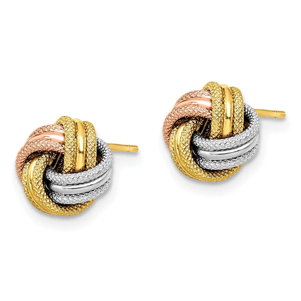 14KT Gold Tri-Color 9MM Diamond-cut Stud Love Knot Earrings