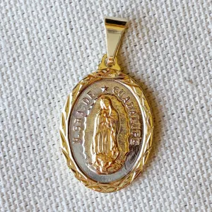 18k Gold Filled Tricolor Lady of Guadalupe Pendant In Gold, Rhodium and Rose Gold