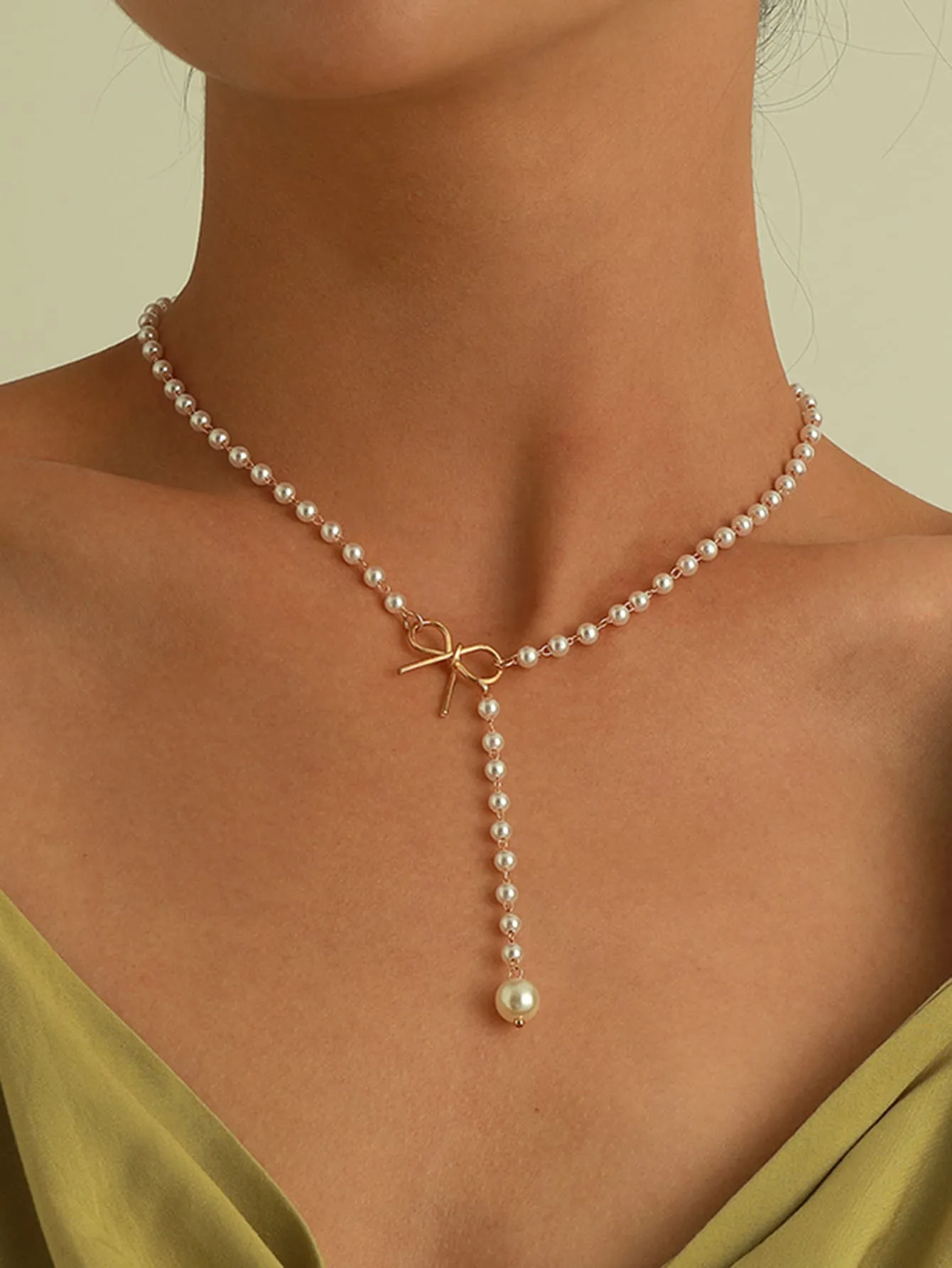 1pc Elegant Cultured Faux Pearl & Bow Decor Y Lariat Necklace For Women For Gift