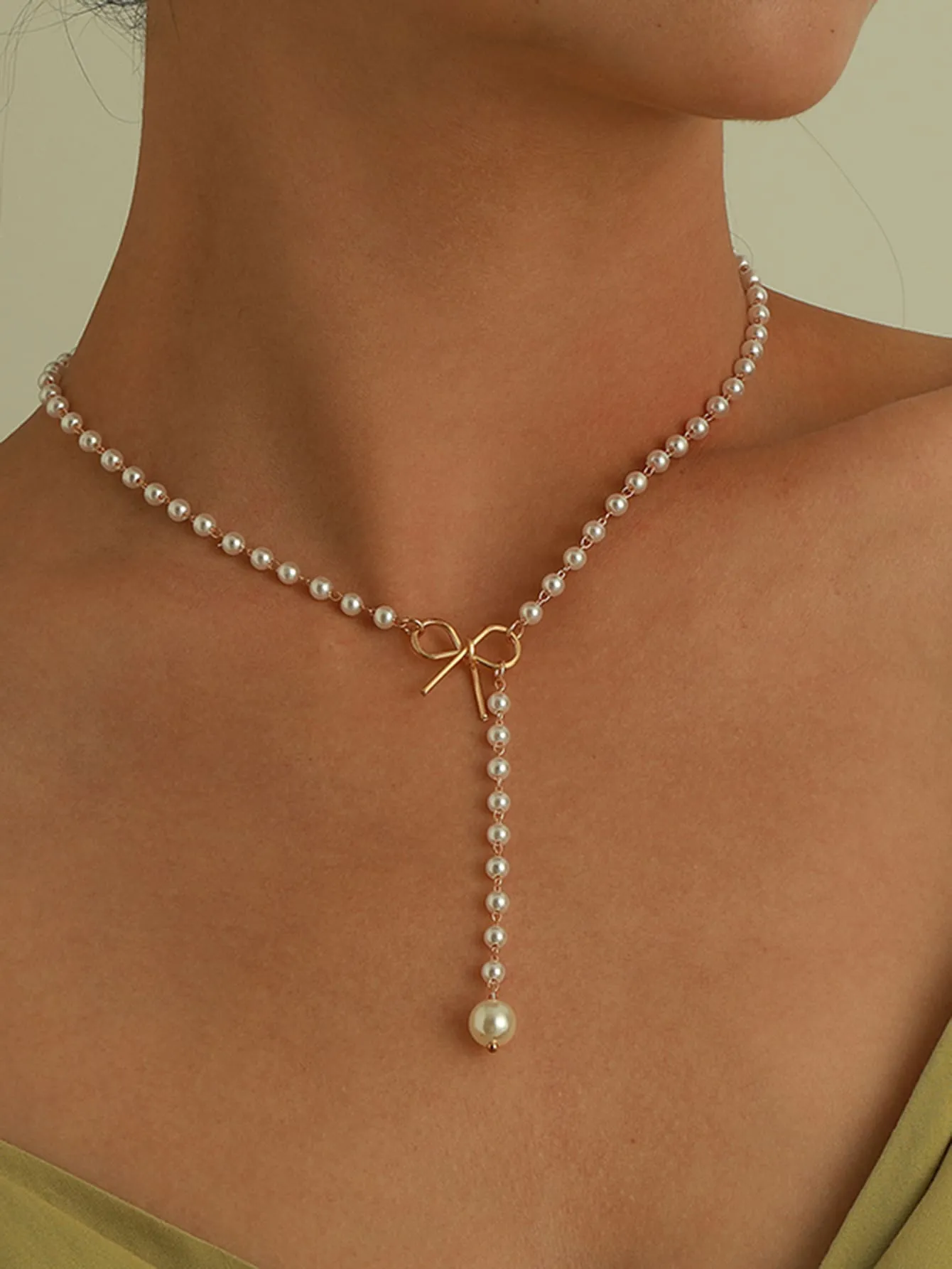 1pc Elegant Cultured Faux Pearl & Bow Decor Y Lariat Necklace For Women For Gift