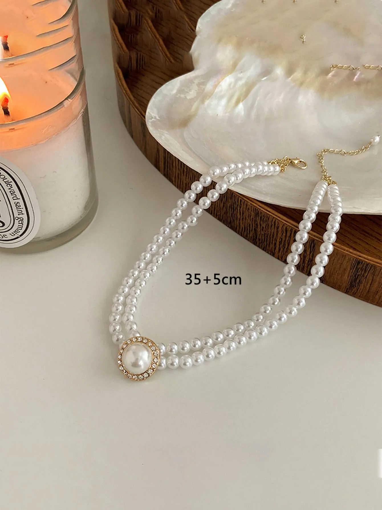 1pc Elegant Rhinestone Decor Layered Faux Pearl Beaded Necklace For Women For