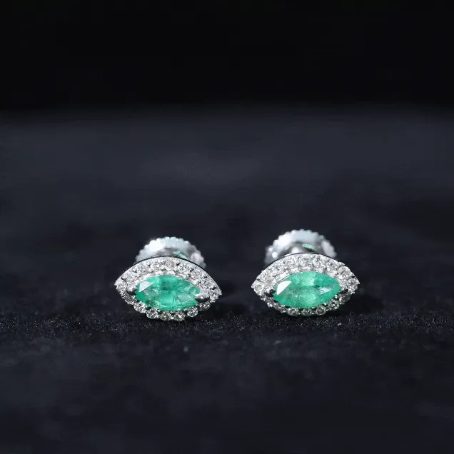 3/4 CT Classic Marquise Cut Emerald and Diamond Accent Stud Earrings