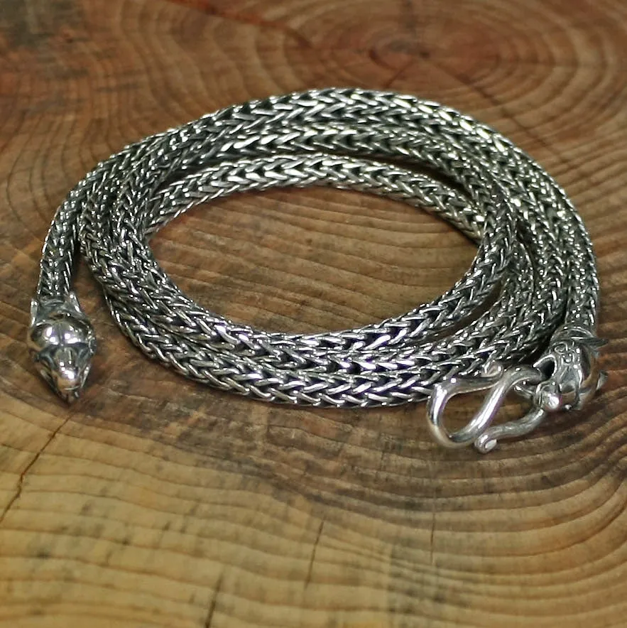 3.5mm Silver Snake Chain Pendant Necklace - Ferocious Wolf Heads