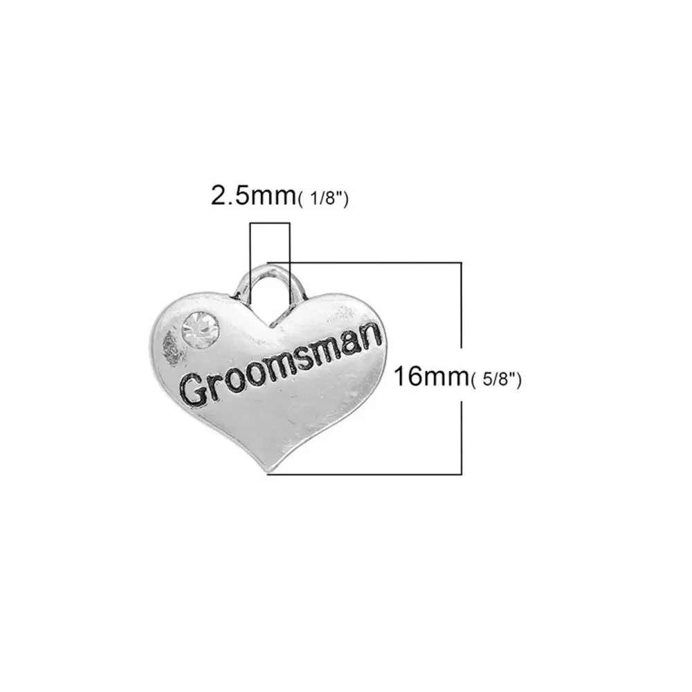 5 Pcs Tibetan Silver GROOMSMAN HEART WITH RHINESTONE Charms Pendants, Lead & Nickel Free Metal Charms Pendants Beads