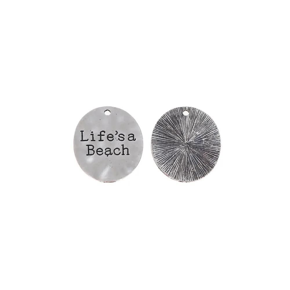 5 Pcs Tibetan Silver "LIFES A BEACH" OVAL DISC 30mm x 26mm Charms Pendants, Lead & Nickel Free Metal Charms Pendants Beads