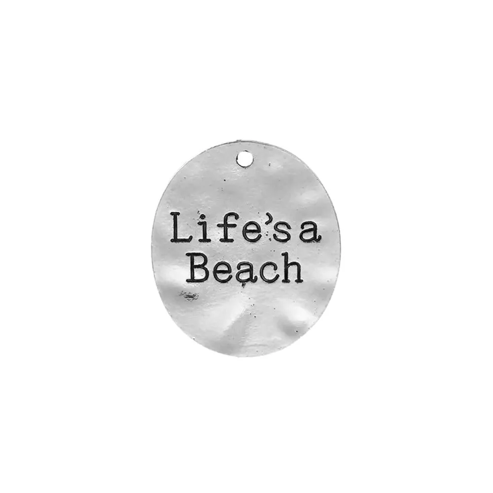 5 Pcs Tibetan Silver "LIFES A BEACH" OVAL DISC 30mm x 26mm Charms Pendants, Lead & Nickel Free Metal Charms Pendants Beads