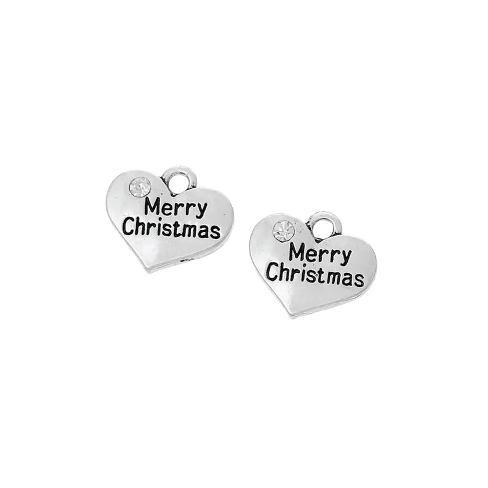 5 Pcs Tibetan Silver "MERRY CHRISTMAS" HEART WITH RHINESTONE 17mm x 14mm Charms Pendants