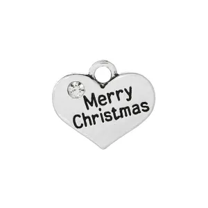 5 Pcs Tibetan Silver "MERRY CHRISTMAS" HEART WITH RHINESTONE 17mm x 14mm Charms Pendants