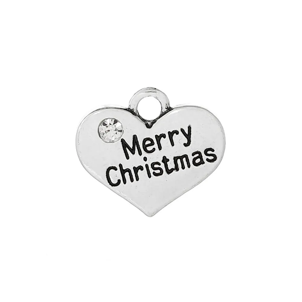 5 Pcs Tibetan Silver "MERRY CHRISTMAS" HEART WITH RHINESTONE 17mm x 14mm Charms Pendants