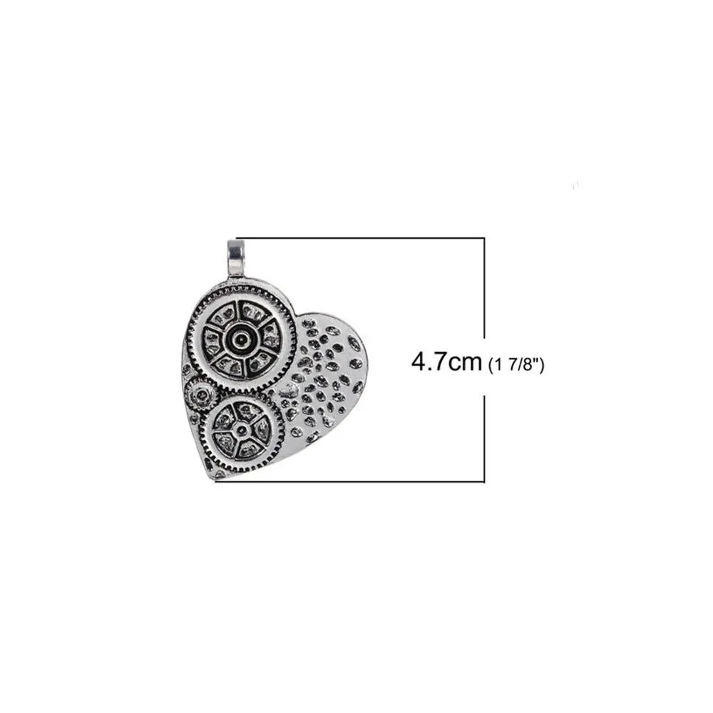 5 Pcs Tibetan Silver STEAMPUNK HEART GEARS CARVED 47mm x 38mm Charms Pendants