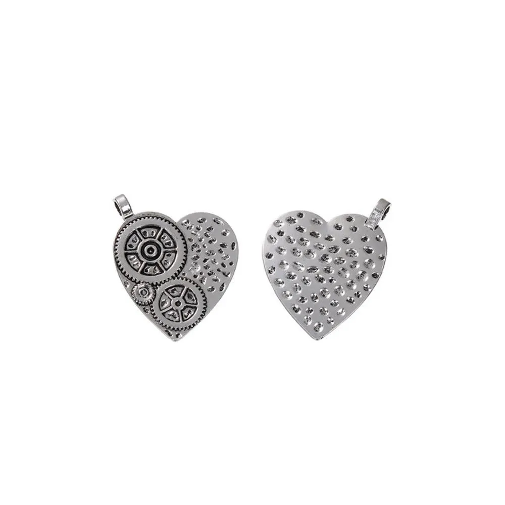 5 Pcs Tibetan Silver STEAMPUNK HEART GEARS CARVED 47mm x 38mm Charms Pendants