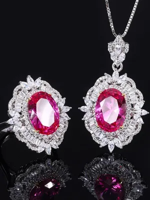 925 Silver Imitation Ruby Vintage Pendant Ring Set MSN110814