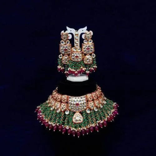 Ad Kundan Rectangular Motif Coral Necklace And Earring Set