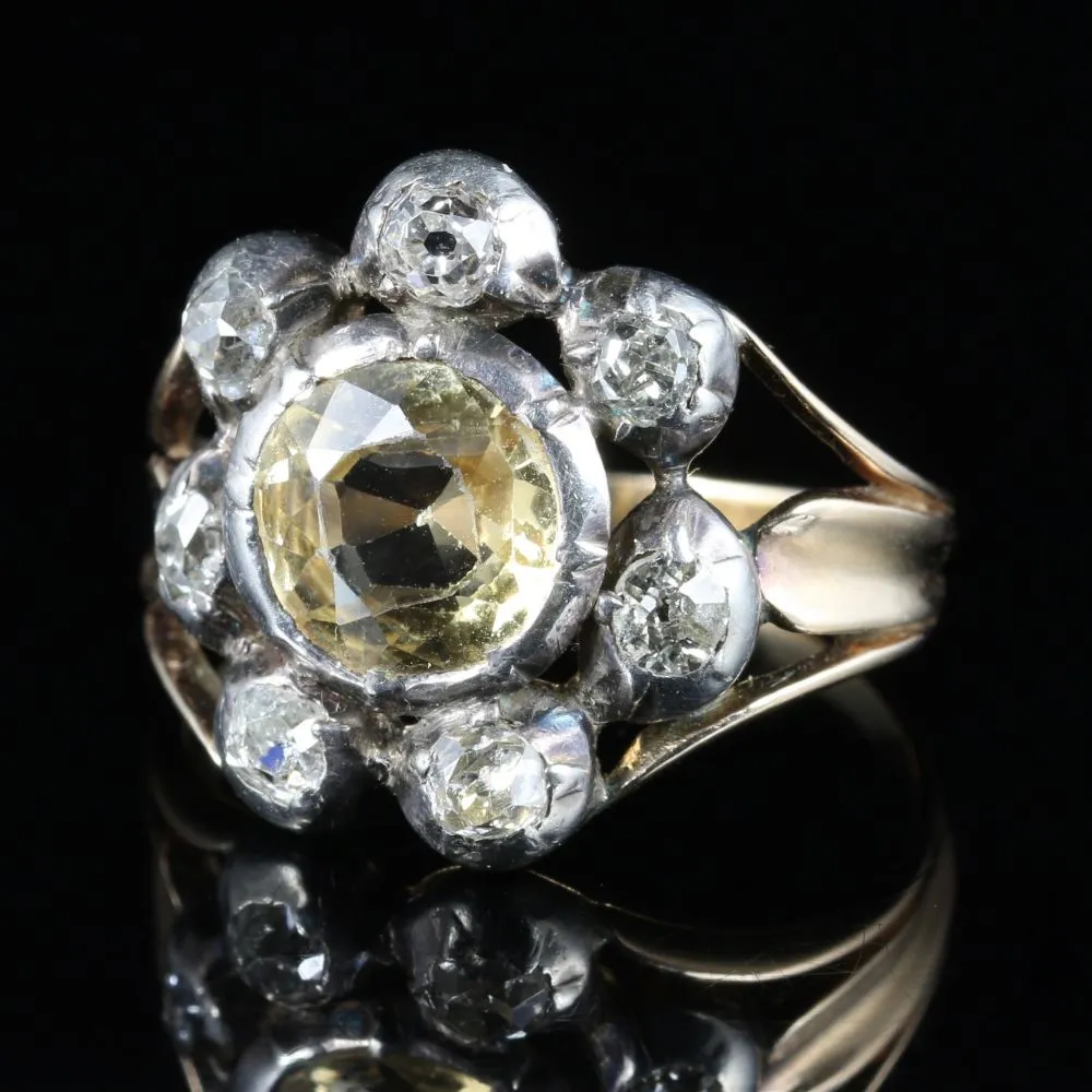 Antique Georgian Yellow Topaz Diamond Ring Circa 1780 Gold Silver