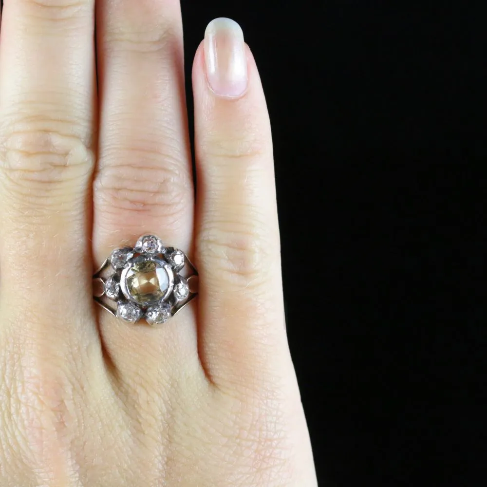 Antique Georgian Yellow Topaz Diamond Ring Circa 1780 Gold Silver