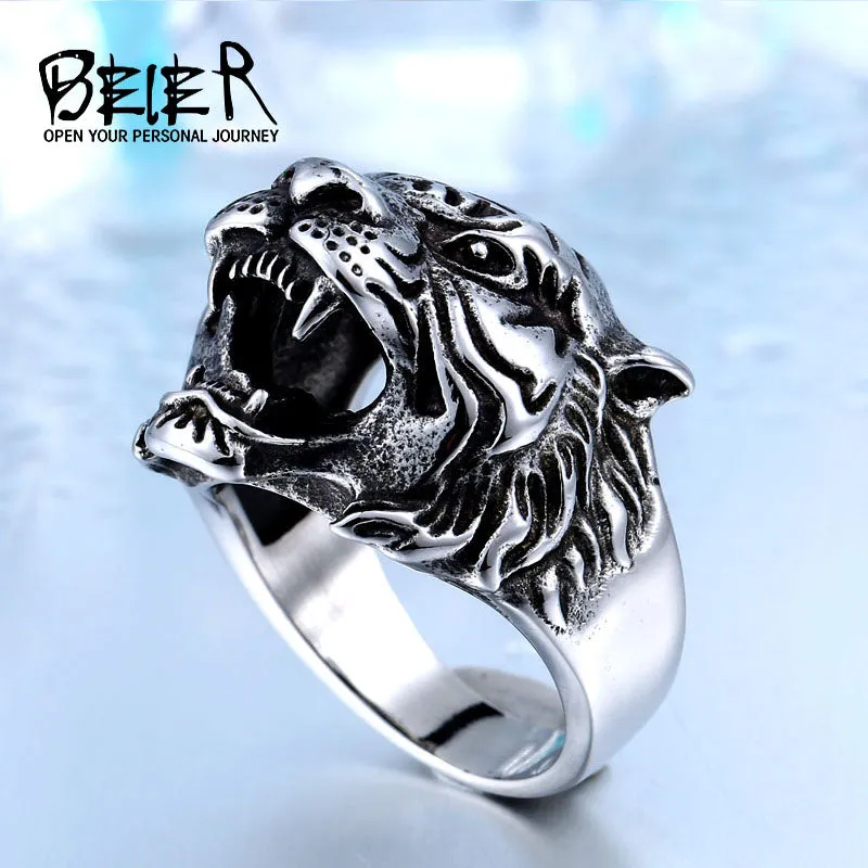 BEIER 316L Stainless Steel Titanium Tiger Head Ring Men Personality Unique Men's Animal Jewelry BR8-307 US size