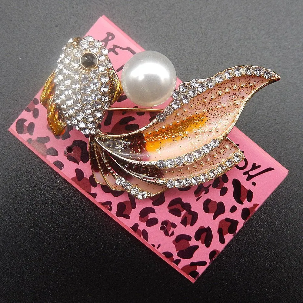 Betsey Johnson Fish Rhinestones & Faux Pearl Brooch Pin