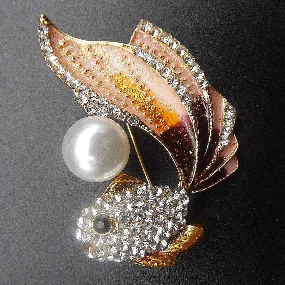 Betsey Johnson Fish Rhinestones & Faux Pearl Brooch Pin