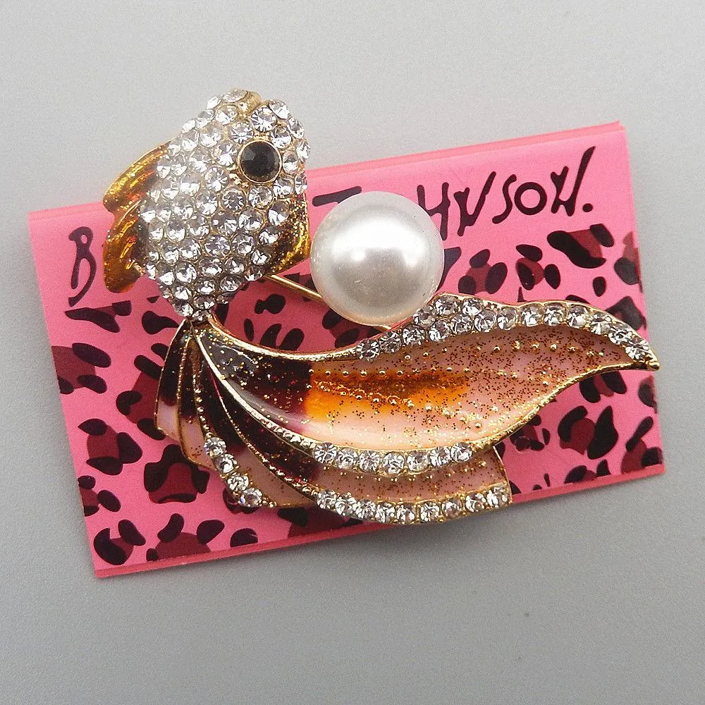 Betsey Johnson Fish Rhinestones & Faux Pearl Brooch Pin