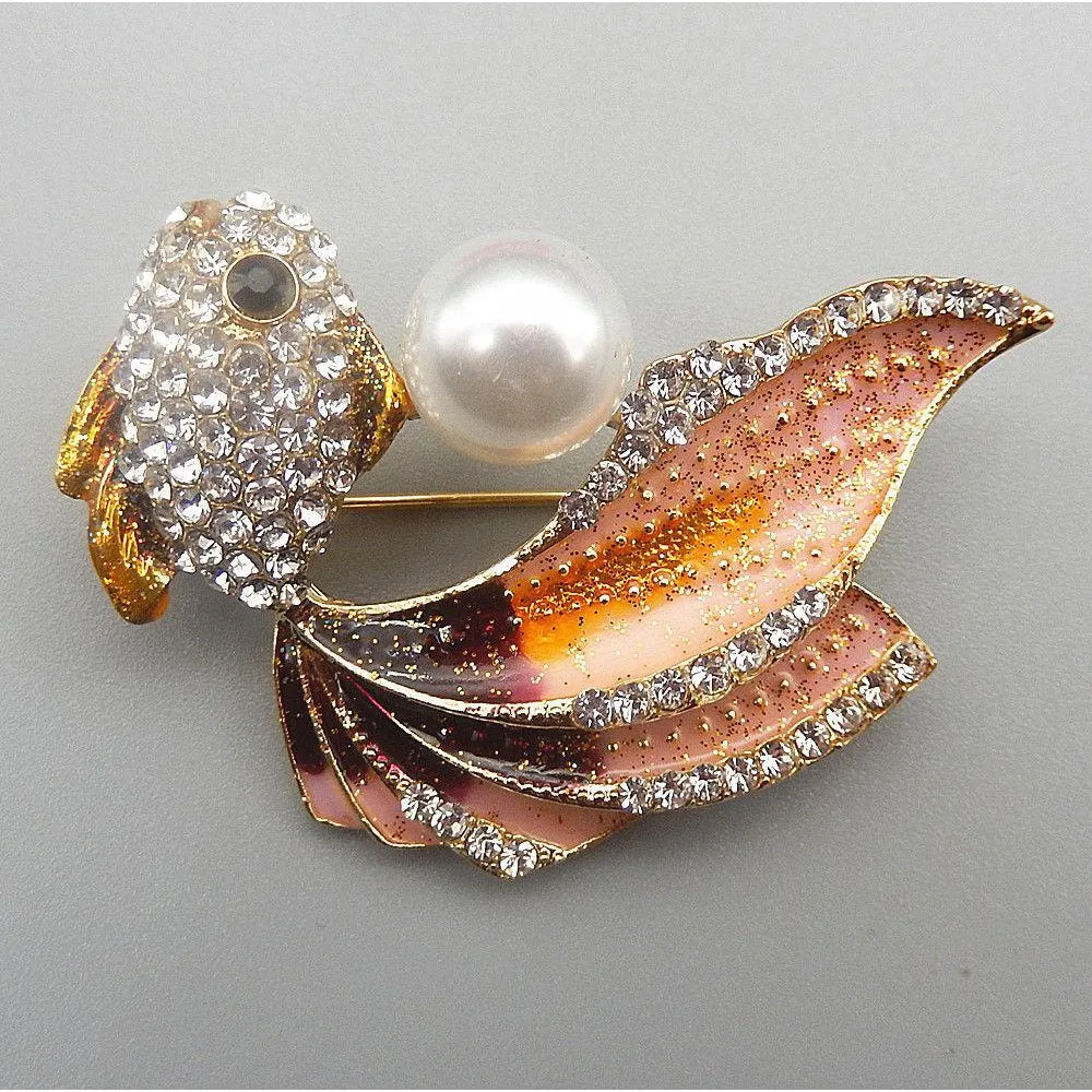 Betsey Johnson Fish Rhinestones & Faux Pearl Brooch Pin