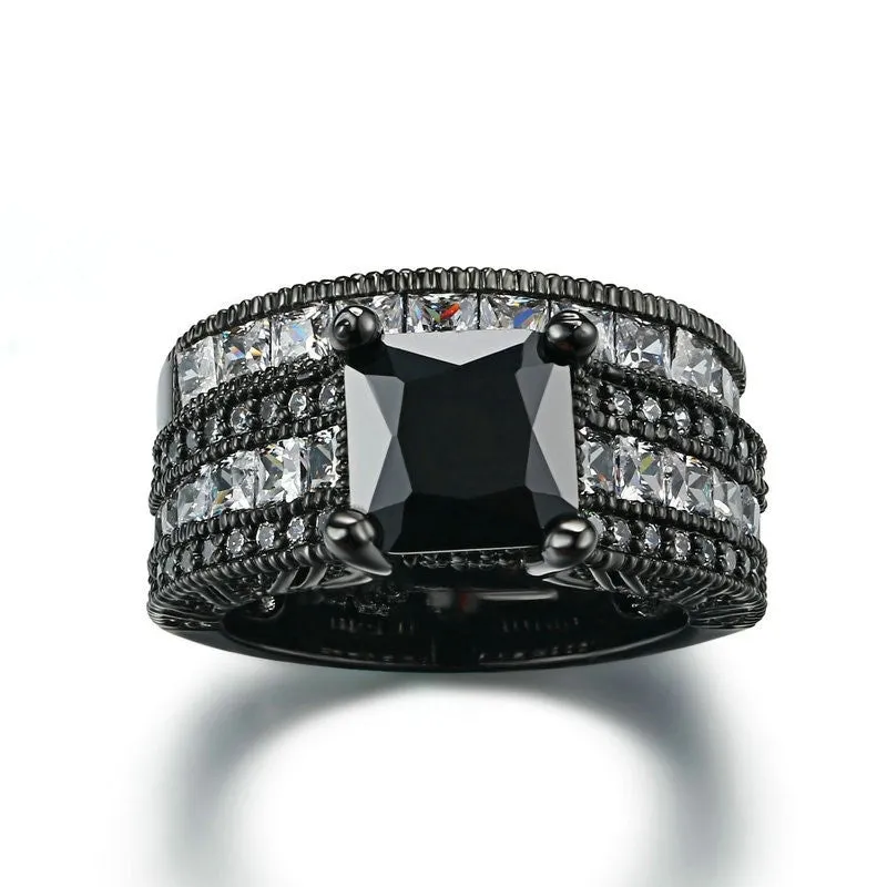 Black topaz & Clear Crystal Bridal Rings Sets Black Gold Color wedding jewelry set