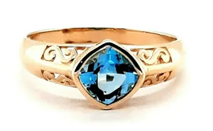 Blue Topaz & 9ct Yellow Gold Ring with Scroll Shoulders