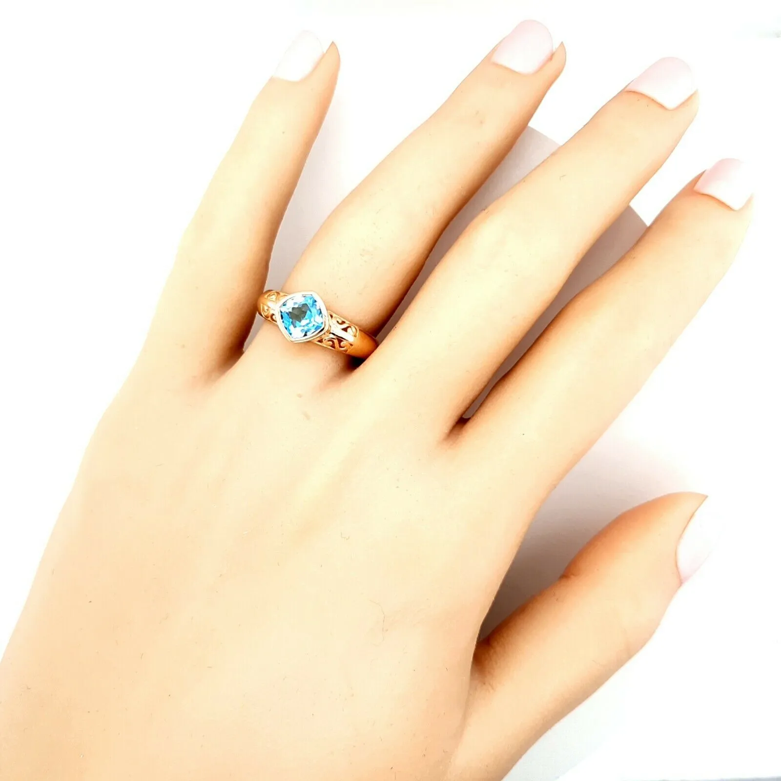 Blue Topaz & 9ct Yellow Gold Ring with Scroll Shoulders