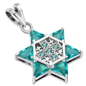 Blue Topaz CZ Jerusalem Star Of David Silver Pendant