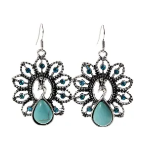 Charming Ethnic Tibetan Silver Oval Rimous Turquoise Crystal Drop Dangle Earrings Christmas Gift for Women Jewelry