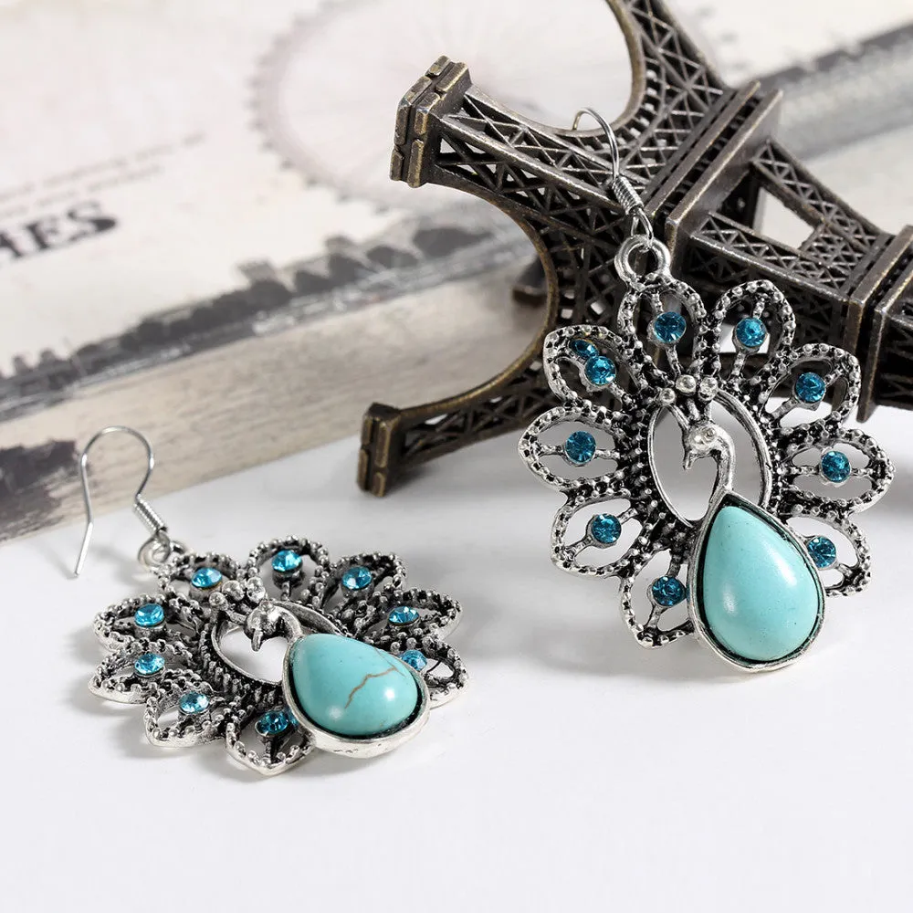 Charming Ethnic Tibetan Silver Oval Rimous Turquoise Crystal Drop Dangle Earrings Christmas Gift for Women Jewelry