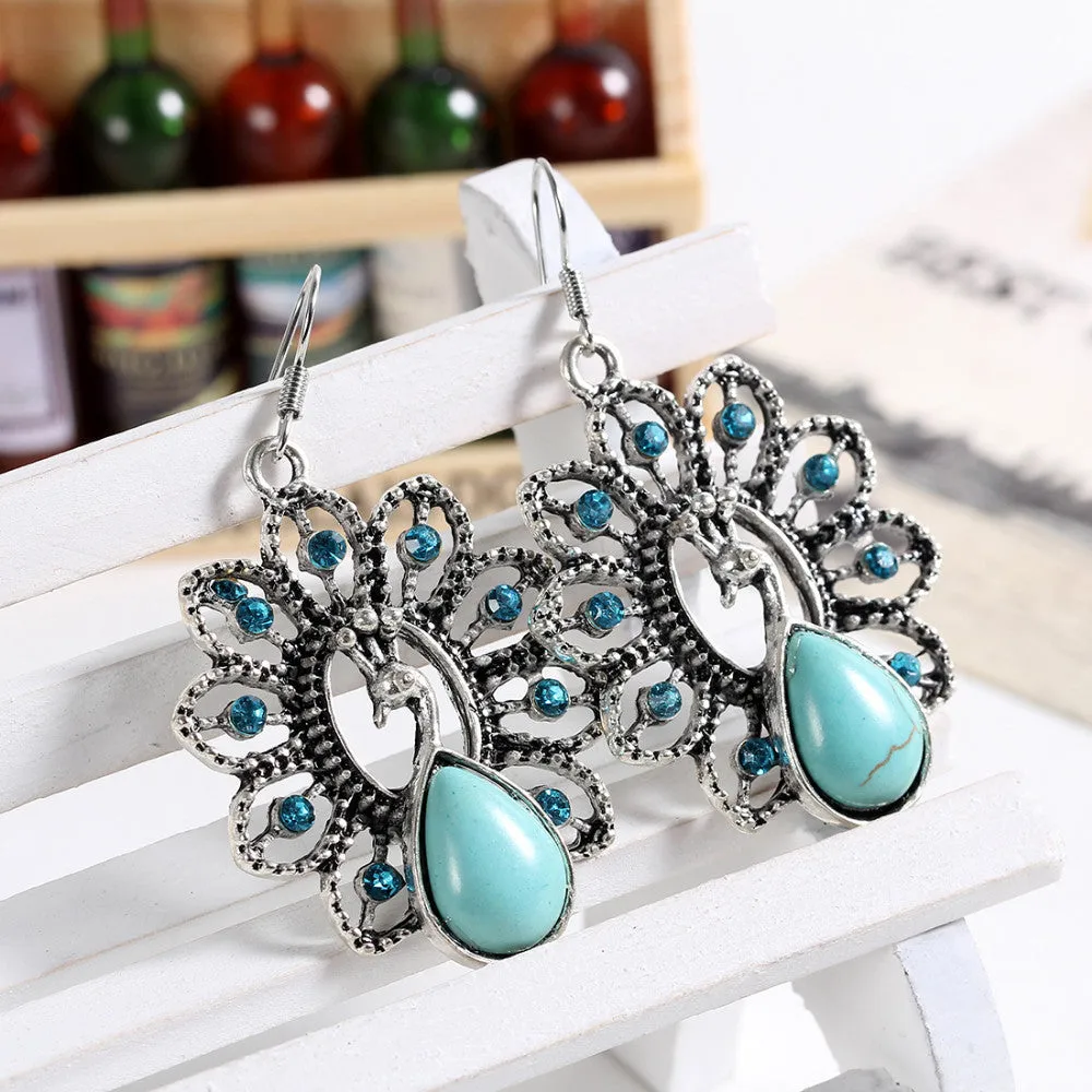 Charming Ethnic Tibetan Silver Oval Rimous Turquoise Crystal Drop Dangle Earrings Christmas Gift for Women Jewelry