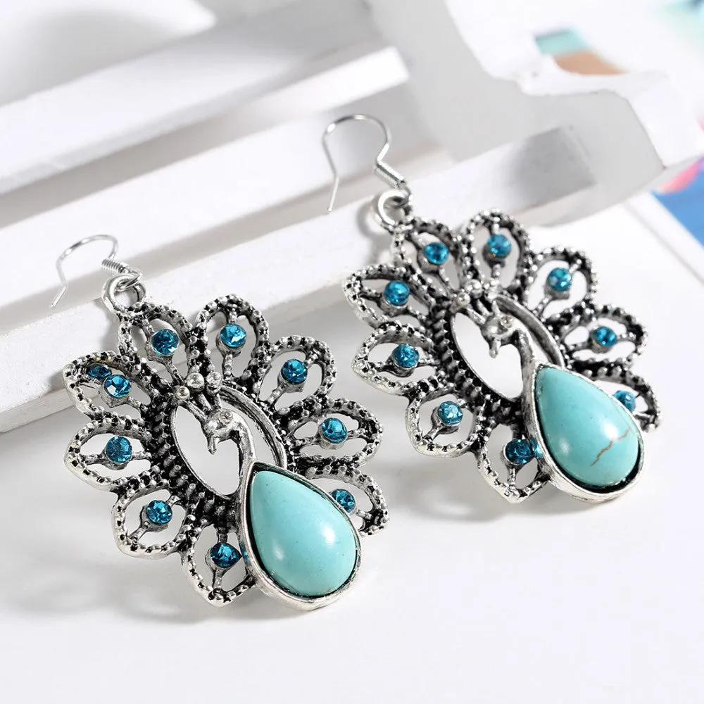 Charming Ethnic Tibetan Silver Oval Rimous Turquoise Crystal Drop Dangle Earrings Christmas Gift for Women Jewelry