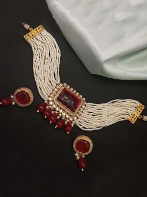 Cheed Bead Kundan Choker With Carved Stone Pendant