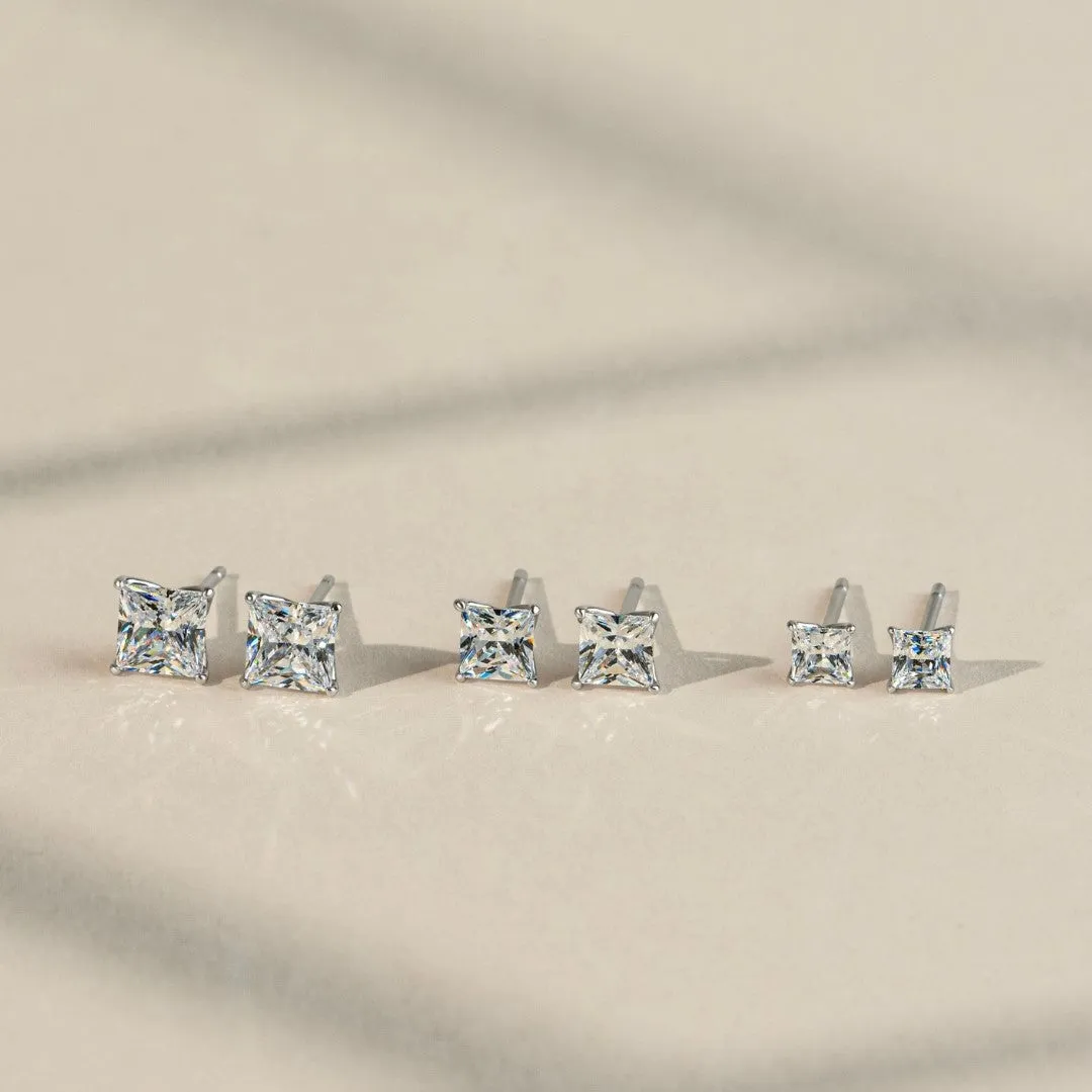 Classic Silver Rhodium Plated 5x5mm Princess Cut CZ Stud Earrings