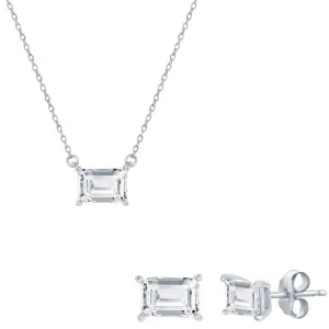 Classic Women's Necklace and Earrings Set - Silver Solitaire Rectangle CZ | SET-610