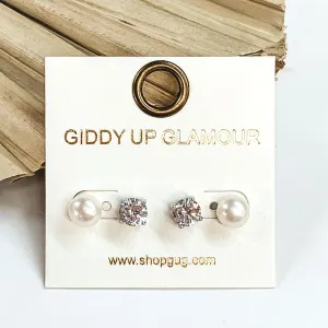 Clear Crystal and Pearl 2 Piece Stud Earring Set in Silver Tone