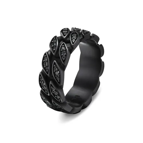 Curb Chain Band Ring in Black Titanium with Black Diamonds, 8mm, Size 9